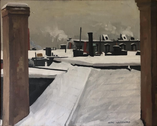 Brooklyn rooftops with snow and smoke or steam rising from vents.