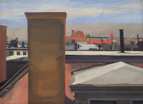 An oil painting of roof tops and chimneys in Brooklyn.