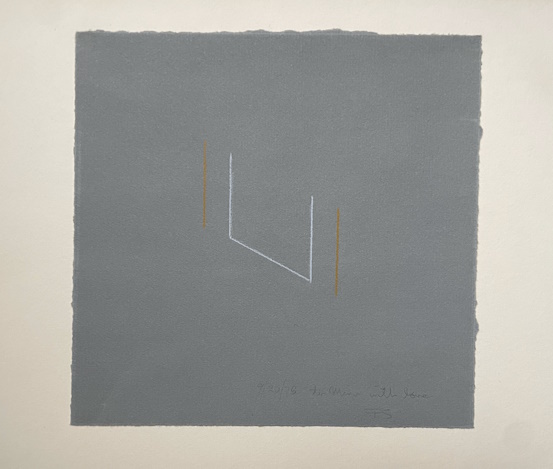 a minimalist drawing of a few vertical lines on an angular plane in two tones.